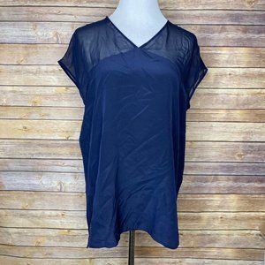 Vince Cap Sleeve Sheer Yoke Silk Blouse Indigo
